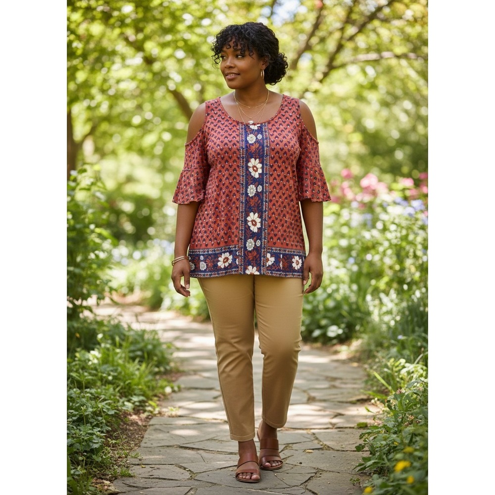 St. John's Bay Cold Shoulder Top Womens M Red Blue Boho Floral Excellent
